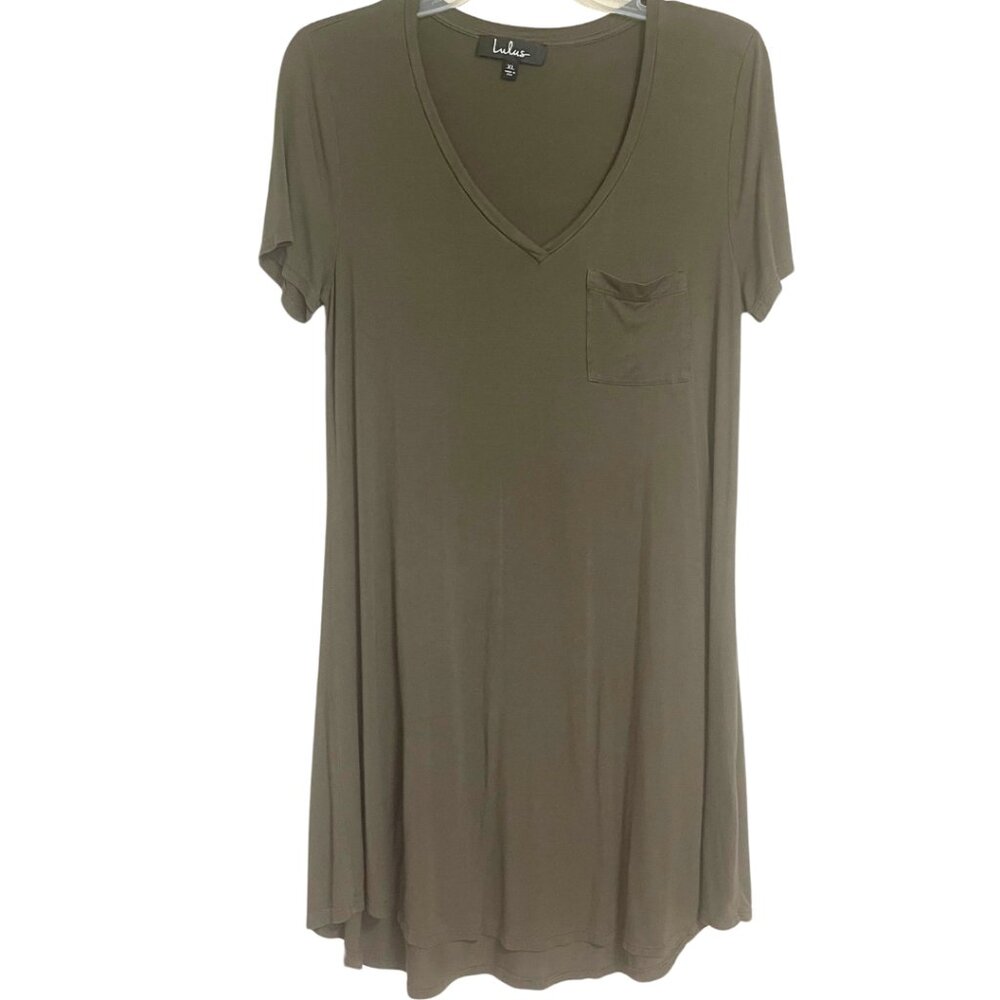 Lulu's T-Shirt Swing Dress Women's Size XL Olive Green Single Pocket Soft V-Neck